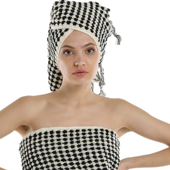 Turkish Cotton Spa Hair Peshtemal XL Hand Towel Black and Natural White Pom Pom - Picture 8 of 8